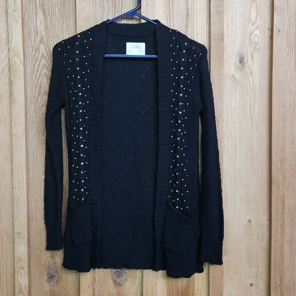 Justice Tunic Knit Cardigan Sweater Size 12 Black Metallic & Silver Beads